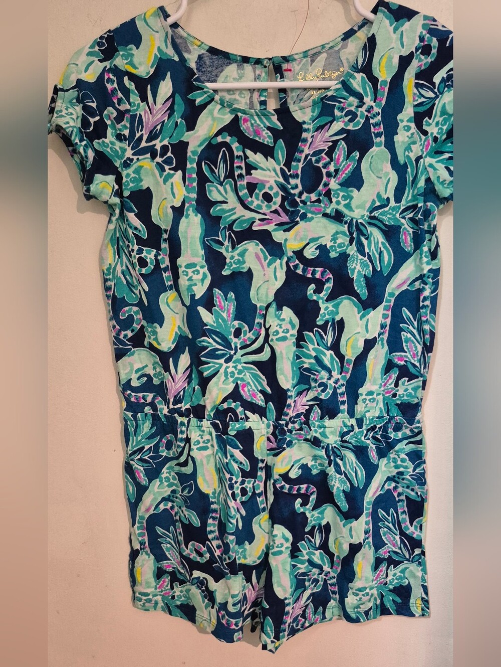 Girls Lilly Pulitzer Navy & Aqua Jungle Print Short Sleeve Romper Sz.Xl 14-16